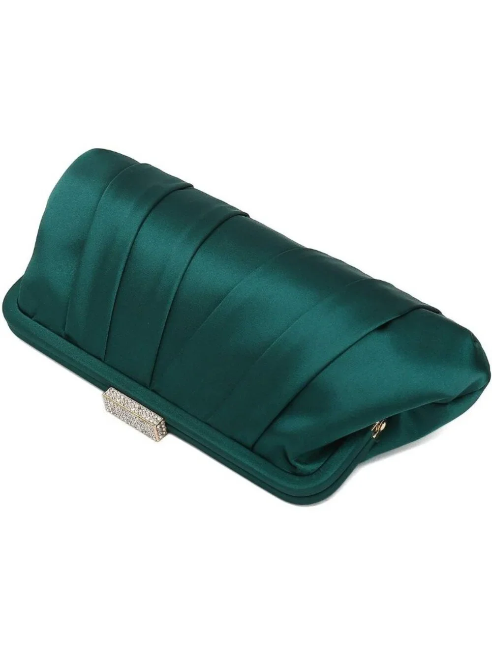 Women's Green Classic Pleated Satin Clutch Purse Diamante Formal Evening Bag